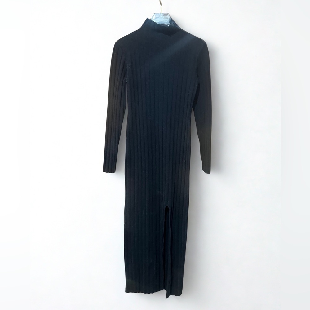Black Ribbed Knit Sweater Midi Dress with Front Slit